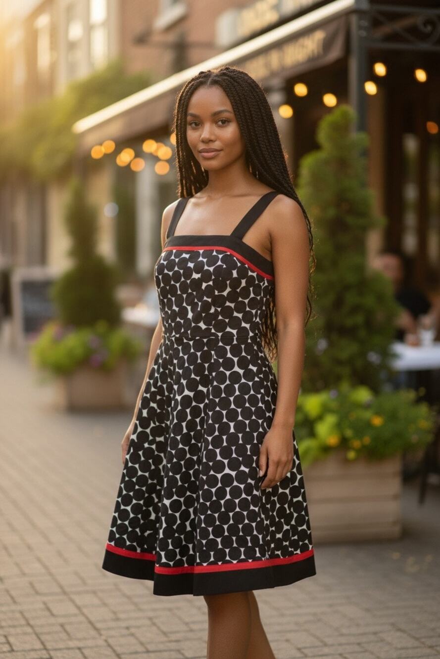 R&K Original Dress 8 Black White Cotton Graphic Dot Midi Red Trim Smocked